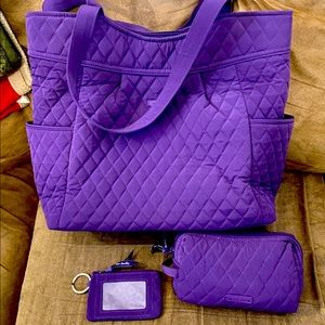 Purple Vera Bradley tote with ID, accessories case